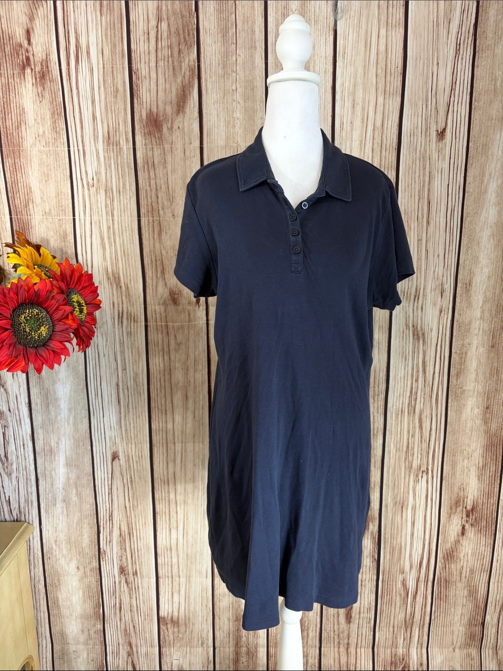 *Fair Indigo Eco Friendly Pima Cotton Short Sleeve Dress Deep Navy with Collar